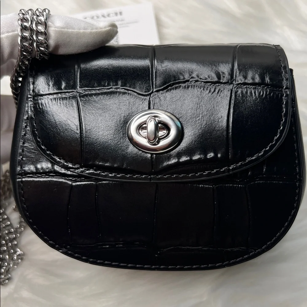 Coach Black Croc Embossed Turnlock Card Case Mini With Chain Bag Retail $228 NWT - Picture 9 of 17